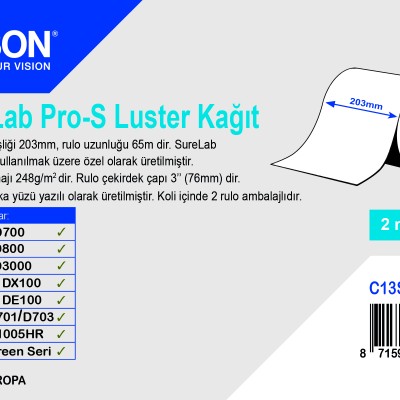 EPSON PRO-S (A4) 210mm x 65m Luster (Yarı Mat) 1 Koli (2 Rulo)