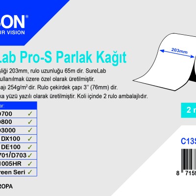 EPSON PRO-S (A4) 210mm x 65m Parlak Kağıt (2 Rulo)